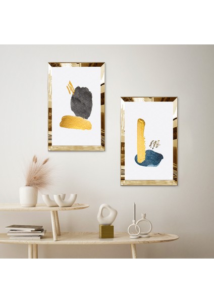 Gold Aynalı Pleksi Çerçeveli Beyaz Arka Planlı Soyut Şekiller Modern Ikili Mdf Tablo Seti fiyatları
