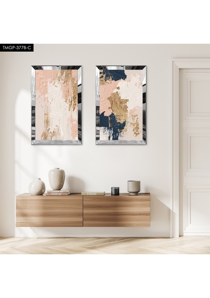 Gümüş Aynalı Pleksi Çerçeveli Renkli Arka Planlı Ikili Mdf Tablo Seti