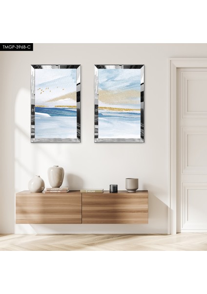 Gümüş Aynalı Pleksi Çerçeveli Soyut Deniz Manzaralı Ikili Mdf Tablo Seti