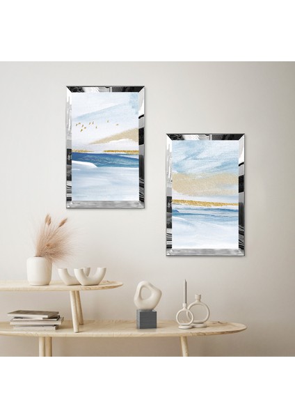 Gümüş Aynalı Pleksi Çerçeveli Soyut Deniz Manzaralı Ikili Mdf Tablo Seti fiyatları