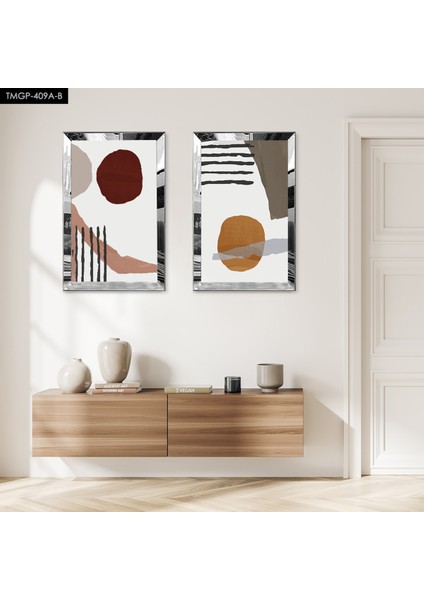 Gümüş Aynalı Pleksi Çerçeveli Beyaz Arka Planlı Dekoratif Soyut Taş Desenli Ikili Mdf Tablo Seti