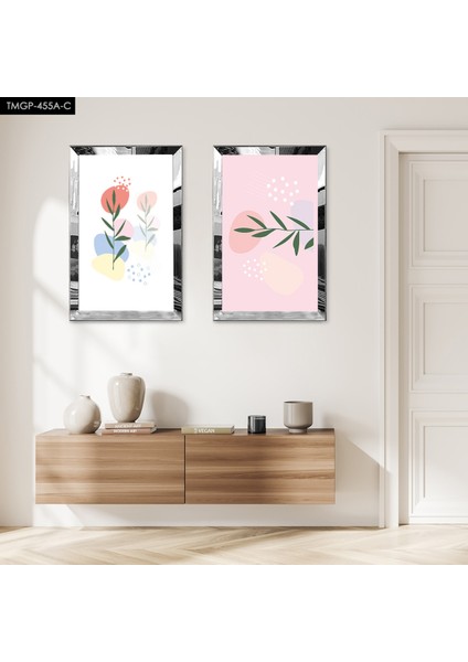 Gümüş Aynalı Pleksi Çerçeveli Beyaz Arka Planlı Soyut Bitkiler Modern Ikili Mdf Tablo Seti