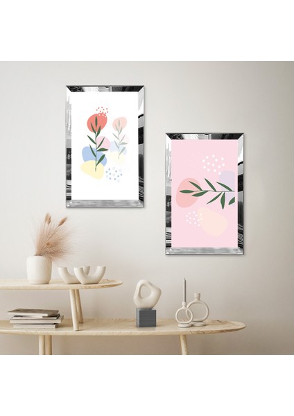 Gümüş Aynalı Pleksi Çerçeveli Beyaz Arka Planlı Soyut Bitkiler Modern Ikili Mdf Tablo Seti fiyatları