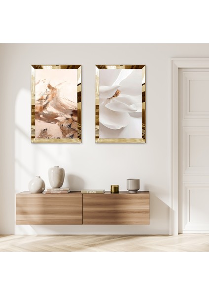 Gold Aynalı Pleksi Çerçeveli Beyaz Soyut Ikili Mdf Tablo Seti
