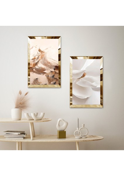 Gold Aynalı Pleksi Çerçeveli Beyaz Soyut Ikili Mdf Tablo Seti fiyatları