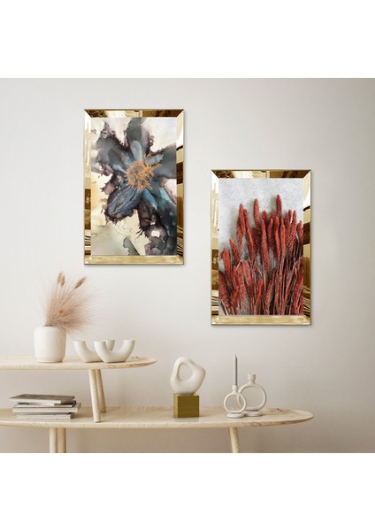 Gold Aynalı Pleksi Çerçeveli Beyaz Arka Planlı Kurutulmuş Çiçek Modern Ikili Mdf Tablo Seti fiyatları