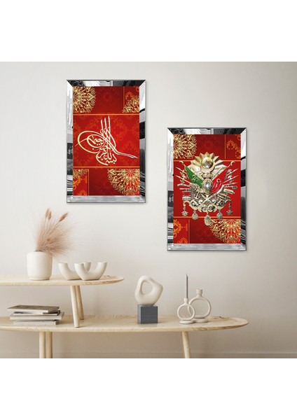 Gümüş Aynalı Pleksi Çerçeveli Kırmızı Arka Planlı Gold Desenli Osmanlı Tuğrası Ikili Mdf Tablo Seti fiyatları
