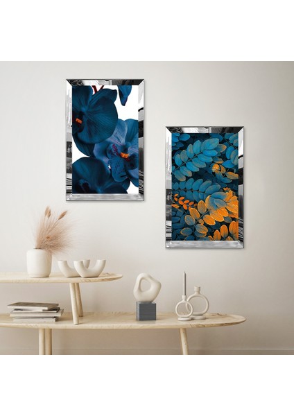 Gümüş Aynalı Pleksi Çerçeveli Beyaz Arka Planlı Mavi Modern Yapraklar Ikili Mdf Tablo Seti fiyatları