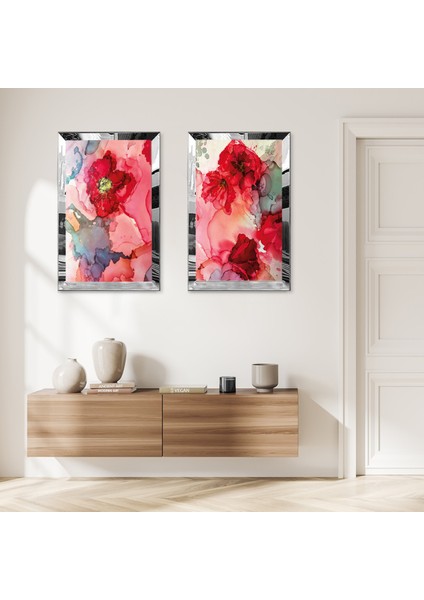 Gümüş Aynalı Pleksi Çerçeveli Kırmızı Çiçekler Modern Ikili Mdf Tablo Seti