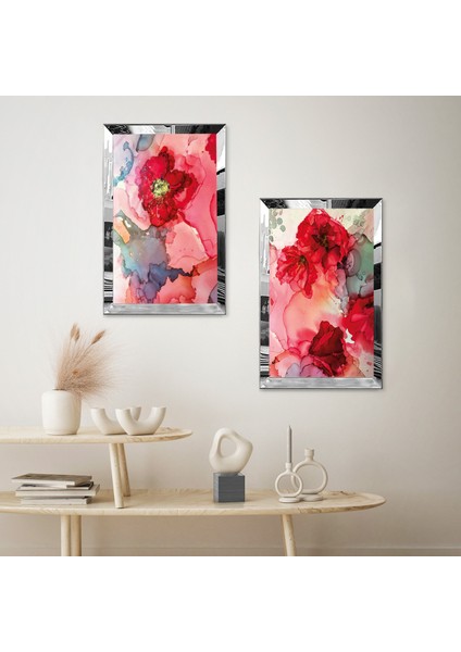Gümüş Aynalı Pleksi Çerçeveli Kırmızı Çiçekler Modern Ikili Mdf Tablo Seti fiyatları