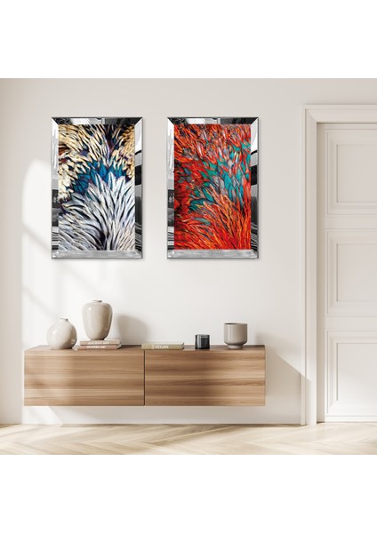 Gümüş Aynalı Pleksi Çerçeveli Turuncu Beyaz Çiçekler Ikili Mdf Tablo Seti