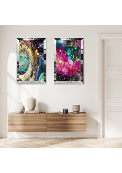 Gümüş Aynalı Pleksi Çerçeveli Soyut Desenli Modern Ikili Mdf Tablo Seti