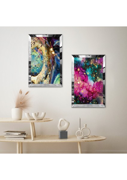 Gümüş Aynalı Pleksi Çerçeveli Soyut Desenli Modern Ikili Mdf Tablo Seti fiyatları