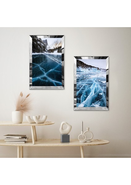 Gümüş Aynalı Pleksi Çerçeveli Dağ Kar ve Gece Maznzaraları Soyut Ikili Mdf Tablo Seti fiyatları