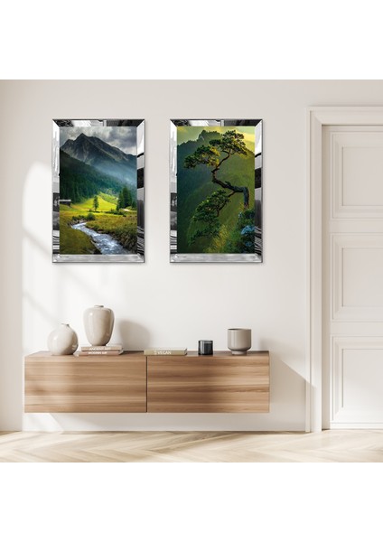 Gümüş Aynalı Pleksi Çerçeveli Köyde Ağaçlar Manzaralı Modern Ikili Mdf Tablo Seti