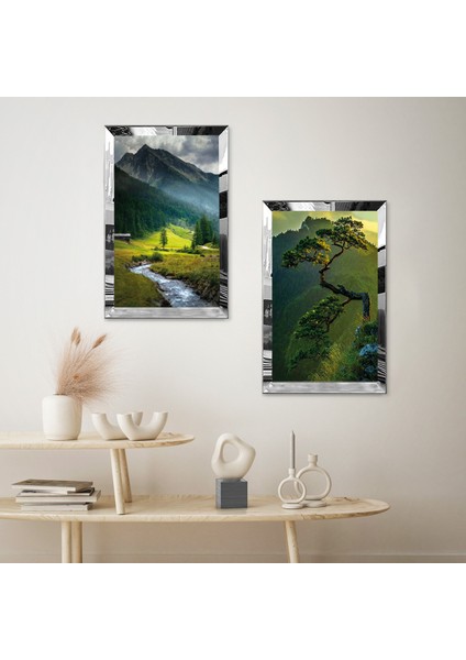 Gümüş Aynalı Pleksi Çerçeveli Köyde Ağaçlar Manzaralı Modern Ikili Mdf Tablo Seti fiyatları