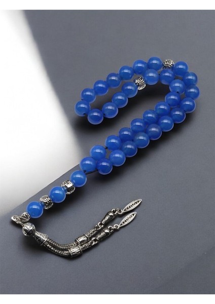 Sertifikalı Mavi Akik Doğal Taş Tesbih 8 mm 33'lü Yuvarlak Kesim