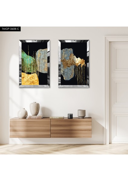 Gümüş Aynalı Pleksi Çerçeveli Siyah Arka Planlı Modern Soyut Taş Ikili Mdf Tablo Seti
