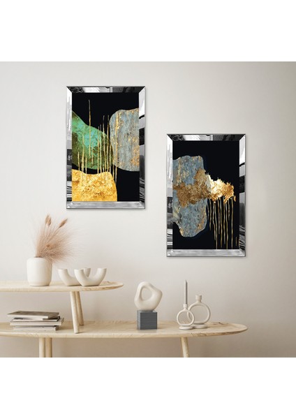 Gümüş Aynalı Pleksi Çerçeveli Siyah Arka Planlı Modern Soyut Taş Ikili Mdf Tablo Seti fiyatları