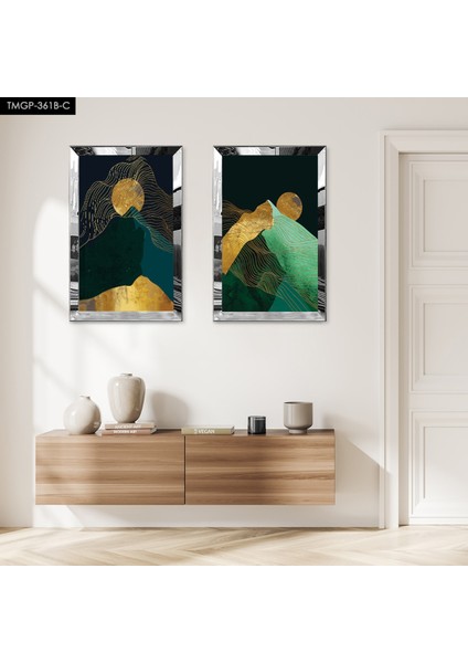 Gümüş Aynalı Pleksi Çerçeveli Soyut Gece Dağ Manzaralı Ikili Mdf Tablo Seti