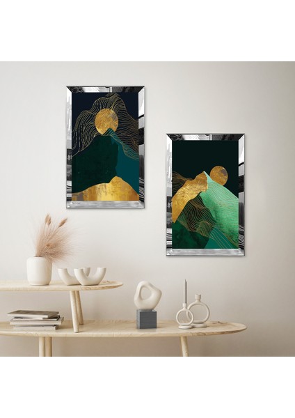 Gümüş Aynalı Pleksi Çerçeveli Soyut Gece Dağ Manzaralı Ikili Mdf Tablo Seti fiyatları