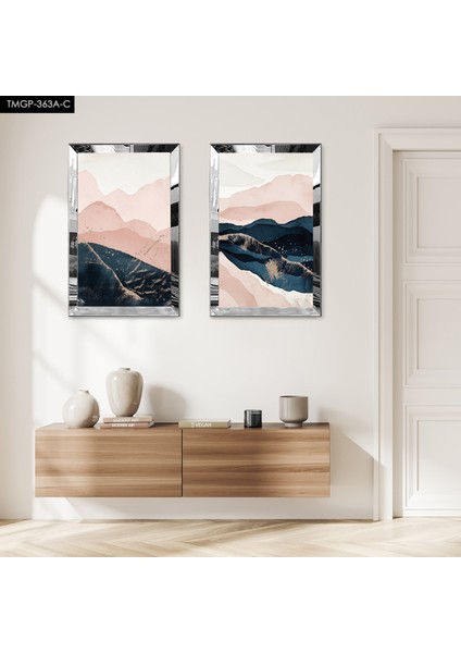 Gümüş Aynalı Pleksi Çerçeveli Beyaz Arka Planlı Dekoratif Dağ Mazaralı Ikili Mdf Tablo Seti