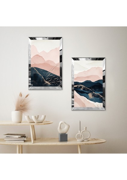 Gümüş Aynalı Pleksi Çerçeveli Beyaz Arka Planlı Dekoratif Dağ Mazaralı Ikili Mdf Tablo Seti fiyatları