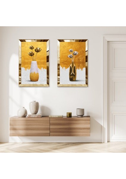 Gold Aynalı Pleksi Çerçeveli Gold ve Beyaz Vazo Ikili Mdf Tablo Seti
