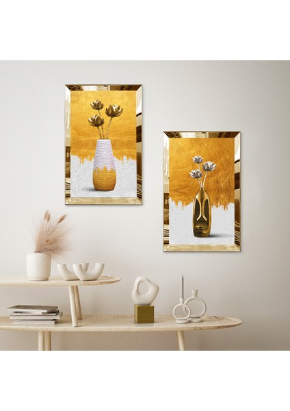 Gold Aynalı Pleksi Çerçeveli Gold ve Beyaz Vazo Ikili Mdf Tablo Seti fiyatları