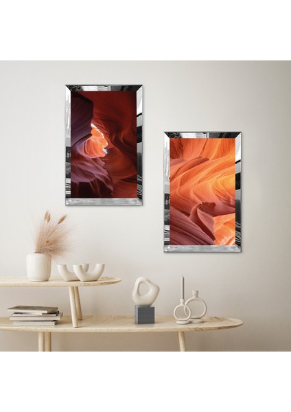 Gümüş Aynalı Pleksi Çerçeveli Turuncu Soyut Kum Dekoratif Ikili Mdf Tablo Seti fiyatları