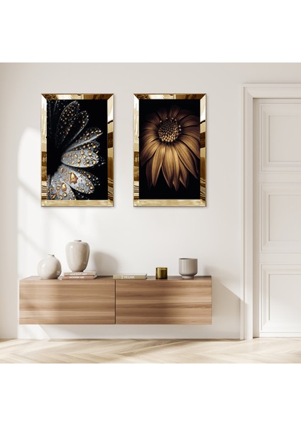 Gold Aynalı Pleksi Çerçeveli Gold ve Gri Çiçek ve Su Damlacığı Ikili Mdf Tablo Seti