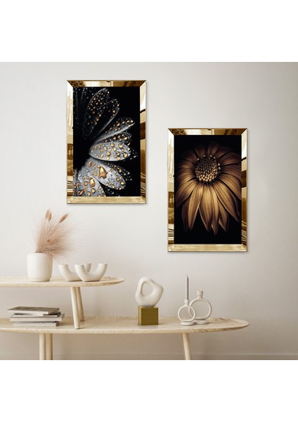 Gold Aynalı Pleksi Çerçeveli Gold ve Gri Çiçek ve Su Damlacığı Ikili Mdf Tablo Seti fiyatları