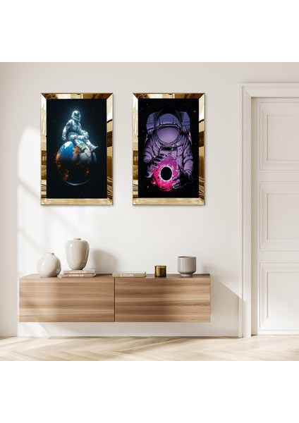 Gold Aynalı Pleksi Çerçeveli Astronot Modern Ikili Mdf Tablo Seti