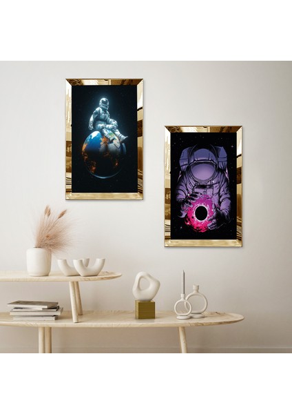 Gold Aynalı Pleksi Çerçeveli Astronot Modern Ikili Mdf Tablo Seti fiyatları