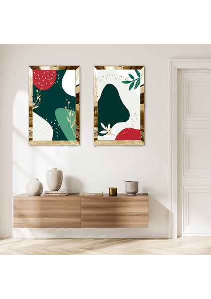 Gold Aynalı Pleksi Çerçeveli Beyaz Arka Planlı Renkli Şekiller Ikili Mdf Tablo Seti