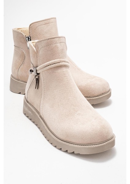 Sade Fermuarlı Aksesuarlı Düz Bot Bej Süet