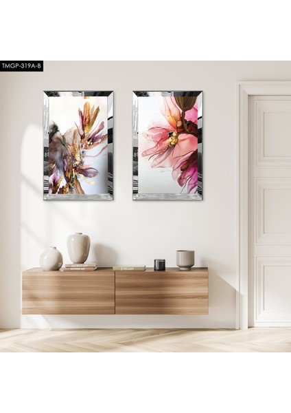 Gümüş Aynalı Pleksi Çerçeveli Renkli Dekoratif Çiçekler Ikili Mdf Tablo Seti