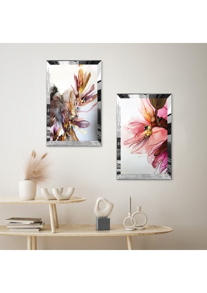 Gümüş Aynalı Pleksi Çerçeveli Renkli Dekoratif Çiçekler Ikili Mdf Tablo Seti fiyatları
