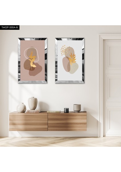 Gümüş Aynalı Pleksi Çerçeveli Soyut Çiçekler Dekoratif Ikili Mdf Tablo Seti