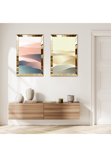 Gold Aynalı Pleksi Çerçeveli Kum Dalgaları Ikili Mdf Tablo Seti