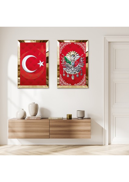 Gold Aynalı Pleksi Çerçeveli Kırmızı Türk Bayrağı ve Osmanlı Tuğrası Ikili Mdf Tablo Seti