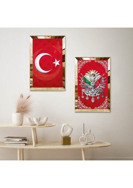 Gold Aynalı Pleksi Çerçeveli Kırmızı Türk Bayrağı ve Osmanlı Tuğrası Ikili Mdf Tablo Seti fiyatları