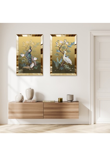 Gold Aynalı Pleksi Çerçeveli Leylekler Ikili Mdf Tablo Seti