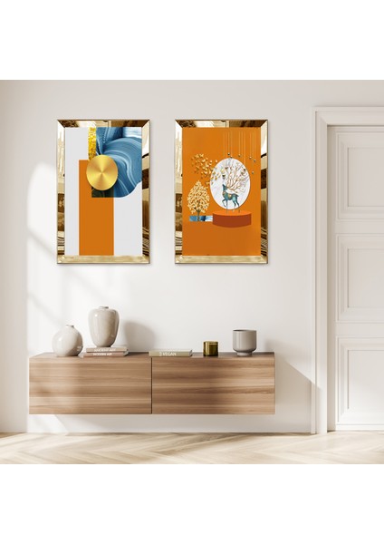Gold Aynalı Pleksi Çerçeveli Turuncu Beyaz Soyut Desenli Dekoratif Ikili Mdf Tablo Seti