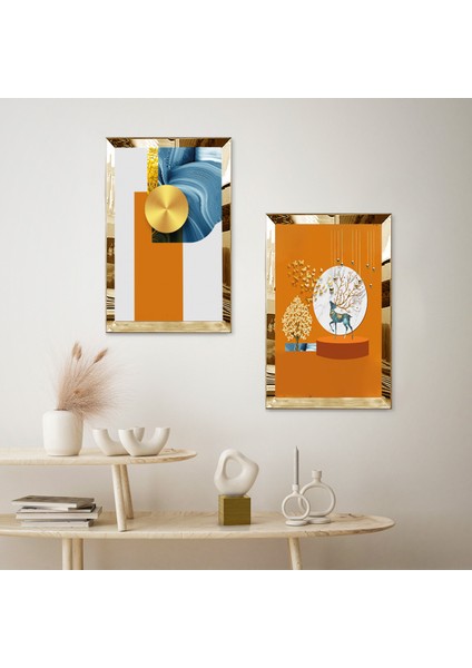 Gold Aynalı Pleksi Çerçeveli Turuncu Beyaz Soyut Desenli Dekoratif Ikili Mdf Tablo Seti fiyatları