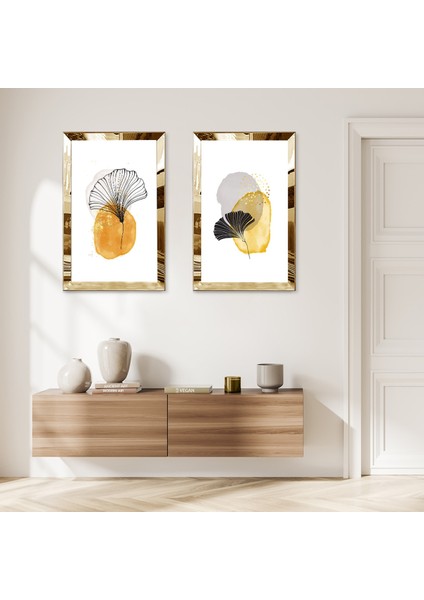Gold Aynalı Pleksi Çerçeveli Beyaz Arka Planlı Modern Çiçek Ikili Mdf Tablo Seti