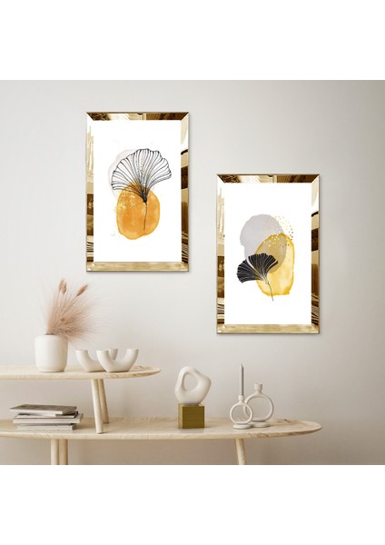 Gold Aynalı Pleksi Çerçeveli Beyaz Arka Planlı Modern Çiçek Ikili Mdf Tablo Seti fiyatları
