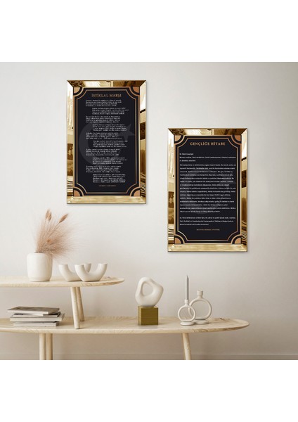 Gold Aynalı Pleksi Çerçeveli Istiklal Marşı ve Gençliğe Hitabe Ikili Mdf Tablo Seti fiyatları