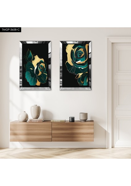 Gümüş Aynalı Pleksi Çerçeveli Siyah Arka Planlı Gül Ikili Mdf Tablo Seti