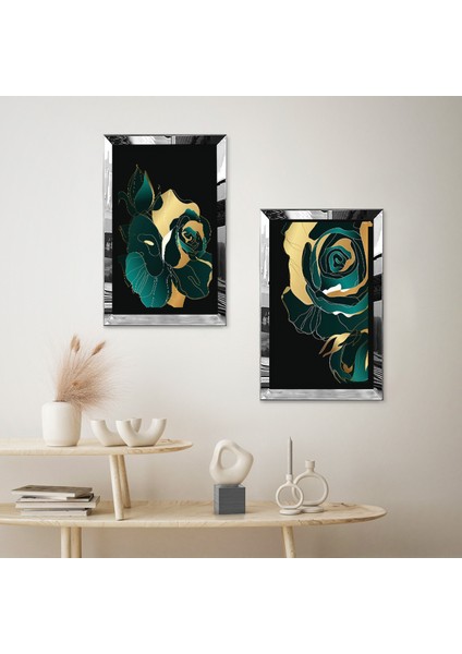Gümüş Aynalı Pleksi Çerçeveli Siyah Arka Planlı Gül Ikili Mdf Tablo Seti fiyatları